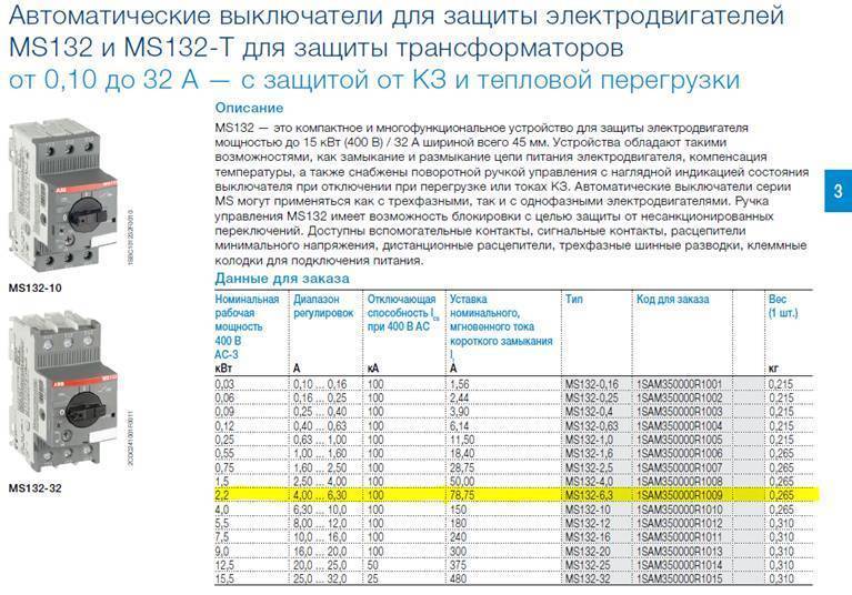 Подбор автоматов по мощности (таблица)